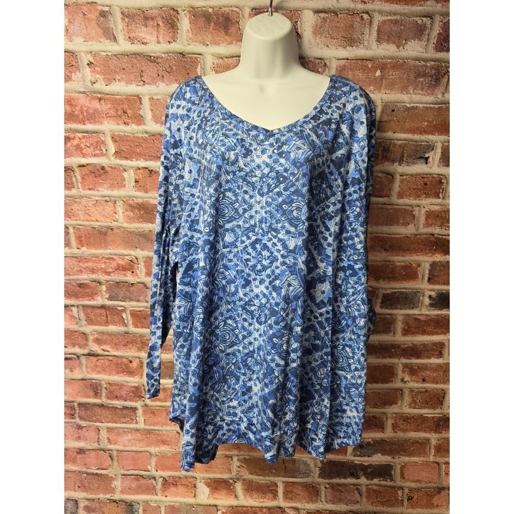 Women's ERIKA Blue White Paisley Floral Studded V-Neck Long Sleeve Tunic Top 2X